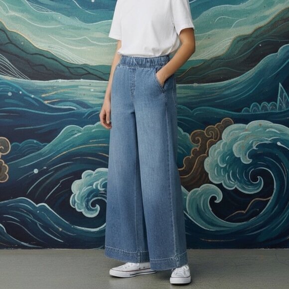 NWOT GAP High Rise Baggy Wide Leg Pull On Ultrasoft Denim Jeans Sz Medium Tall - Picture 1 of 15